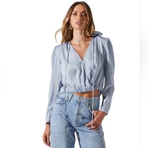 ASTR The Label Floral Lovisa Long Sleeve Surplice Powder Blue Top Size Small